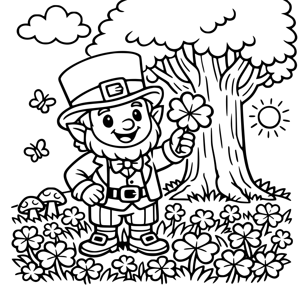Portrait oriented coloring book page that is black and white with a cute friendly leprechaun. He is holding up a four leaf clover in his hand. The grass around the tree next to him has many clovers. Fill the whole page with great detail. Simple art bold and easy cartoon style.