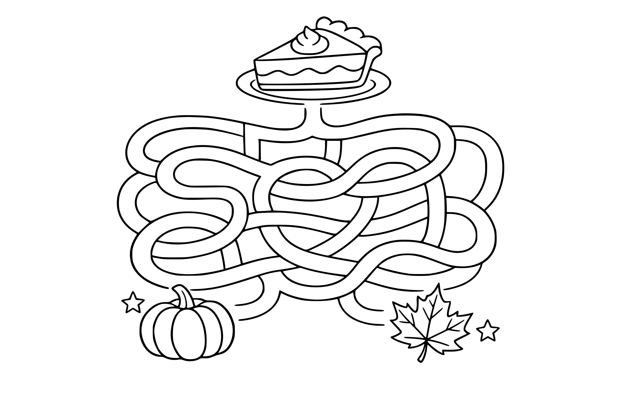 Maze leading to a pumpkin pie, minimalistic line.