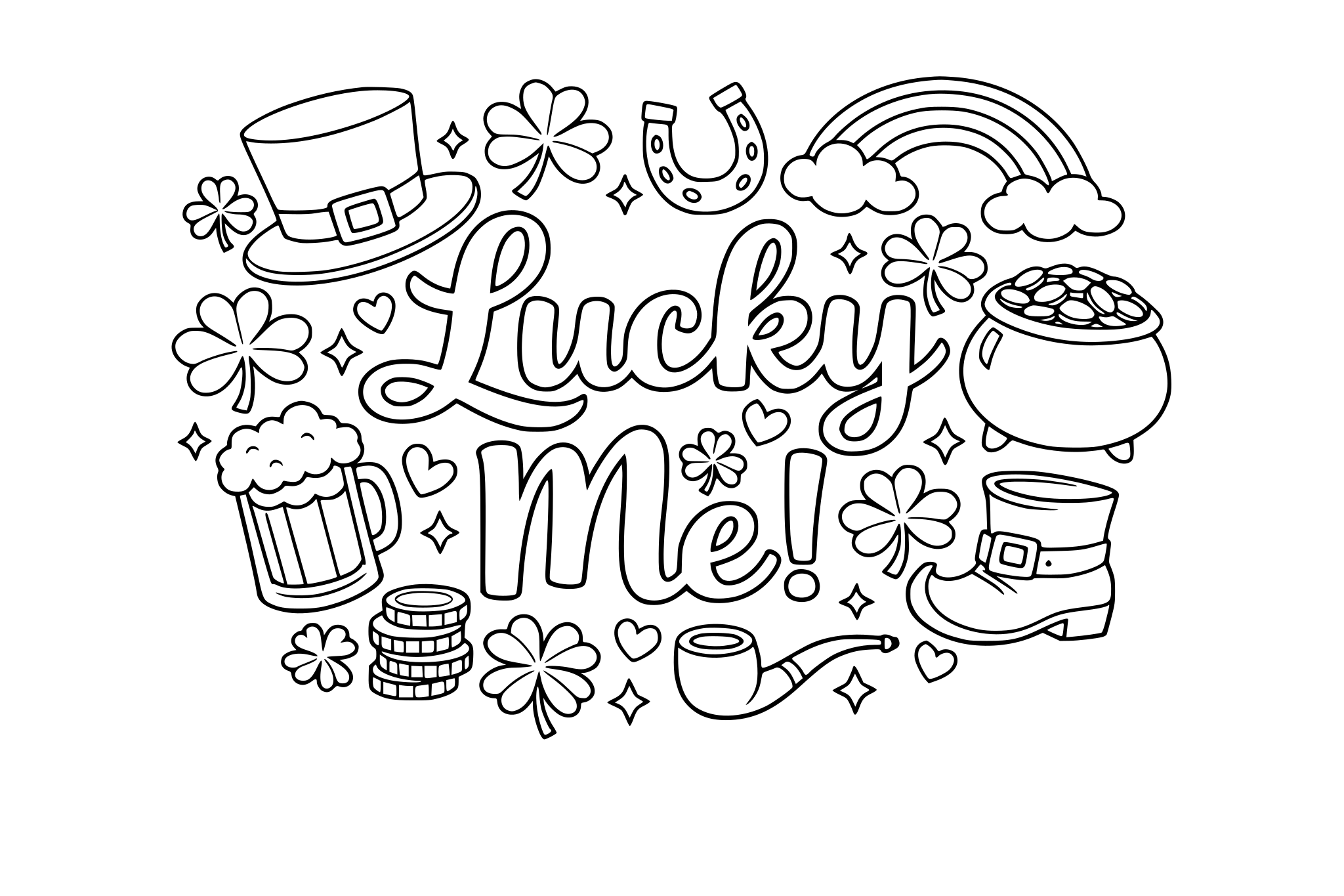 “Lucky Me!’’ Open lettering for coloring with St.Patrick items around the lettering