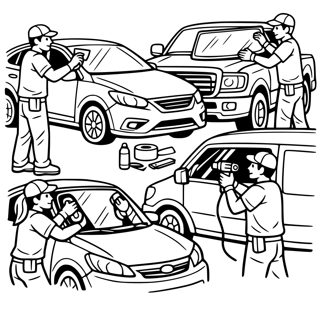 Can you create a coloring page that includes cars and trucks add people tinting the windows and installing windshields