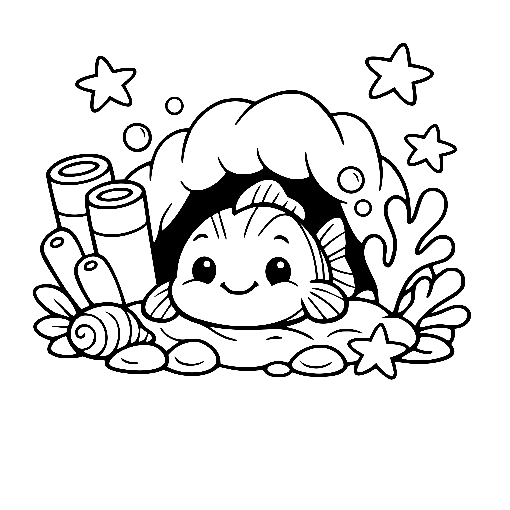 A cute small fish resting inside a cozy coral home, smiling