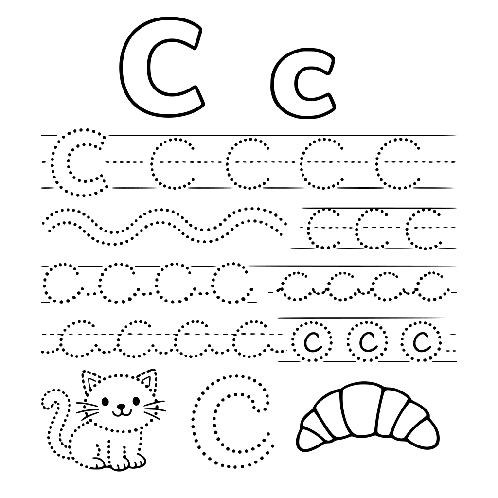zró całą listę ćwiczeń do litery C duże i c małe różne ślaczki wykropkowane dzięki którym nauczymu pisać się literkę C i c