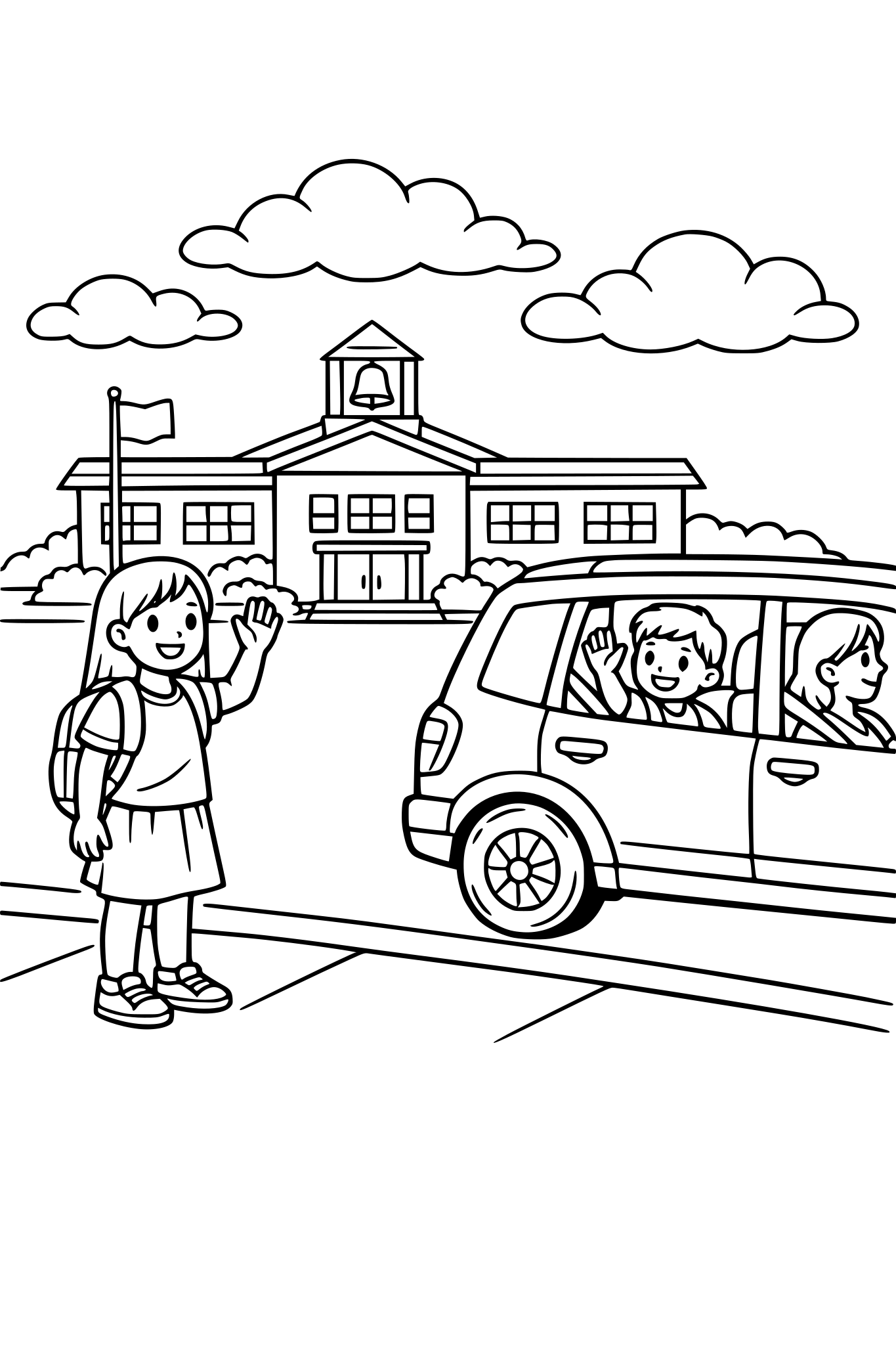 Lani standing on the sidewalk waving goodbye to Alan as his mom drives away with Alan in the back seat waving to her, school in background, hopeful feeling with clouds in the sky