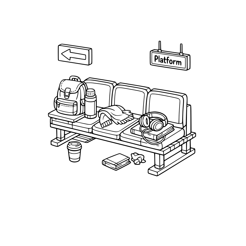 hygge style, cute and cozy, 3d isometric, train platform bench, thermos placed beside bag, headphones resting on lap, structured seating, minimal background signage, no characters, no animals, a little messy