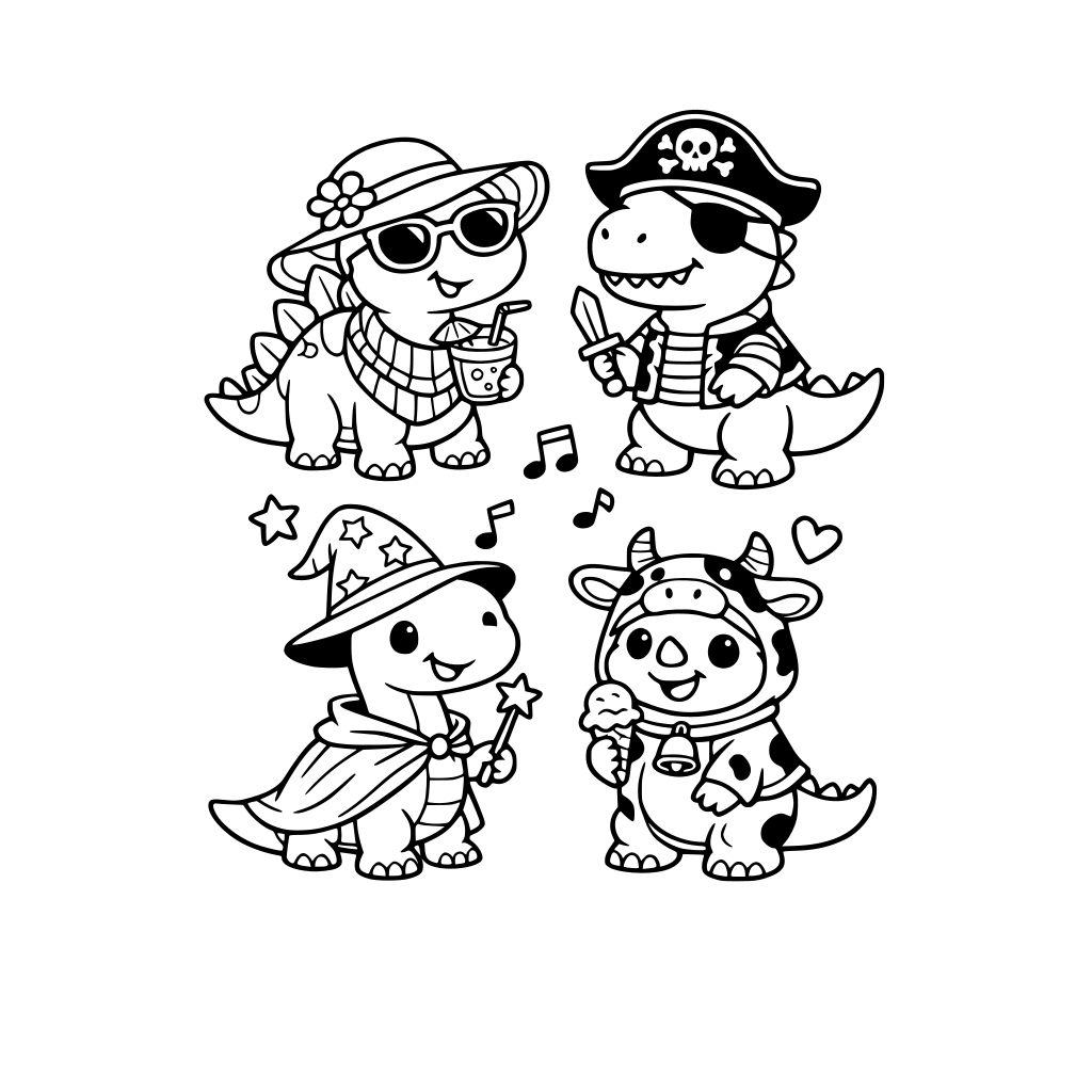 cute dinosaurs trying on funny clothes and accessories