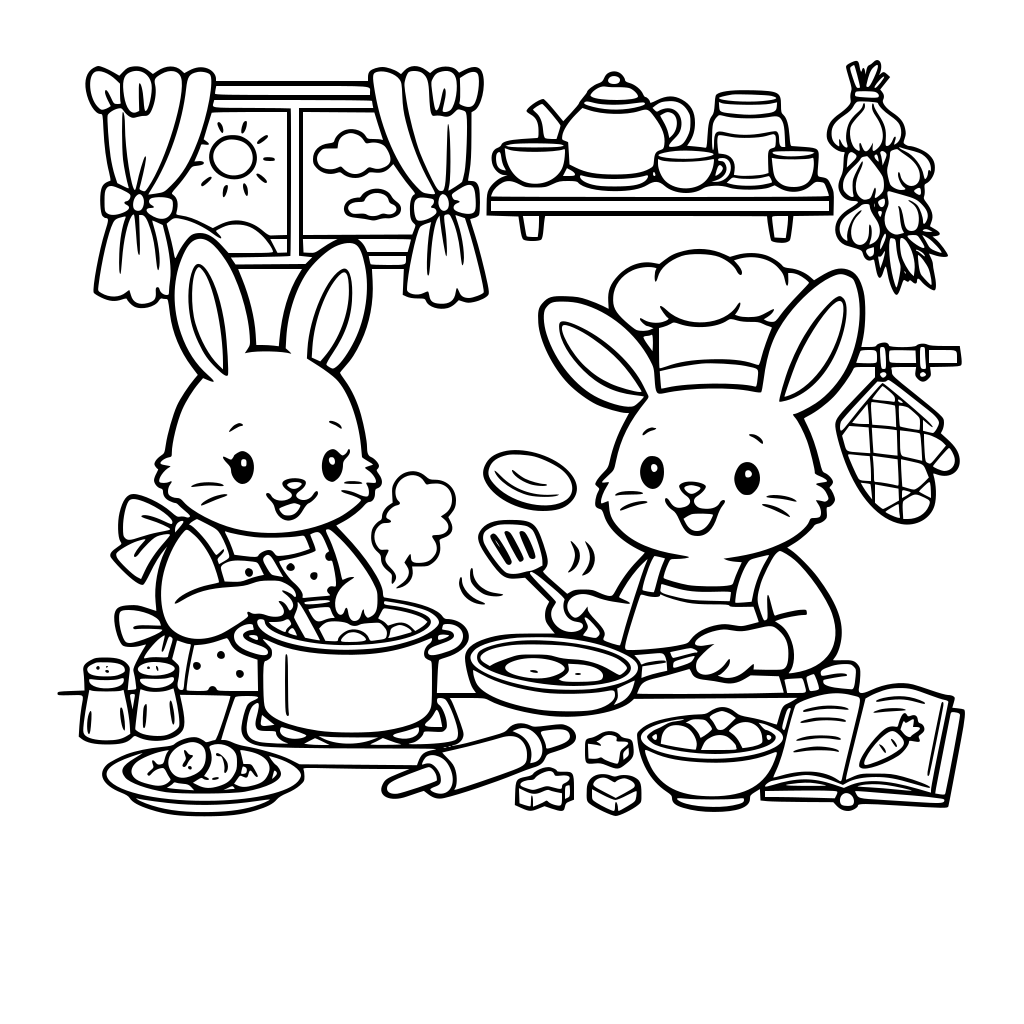 A lovely rabbits are cooking in their houde.