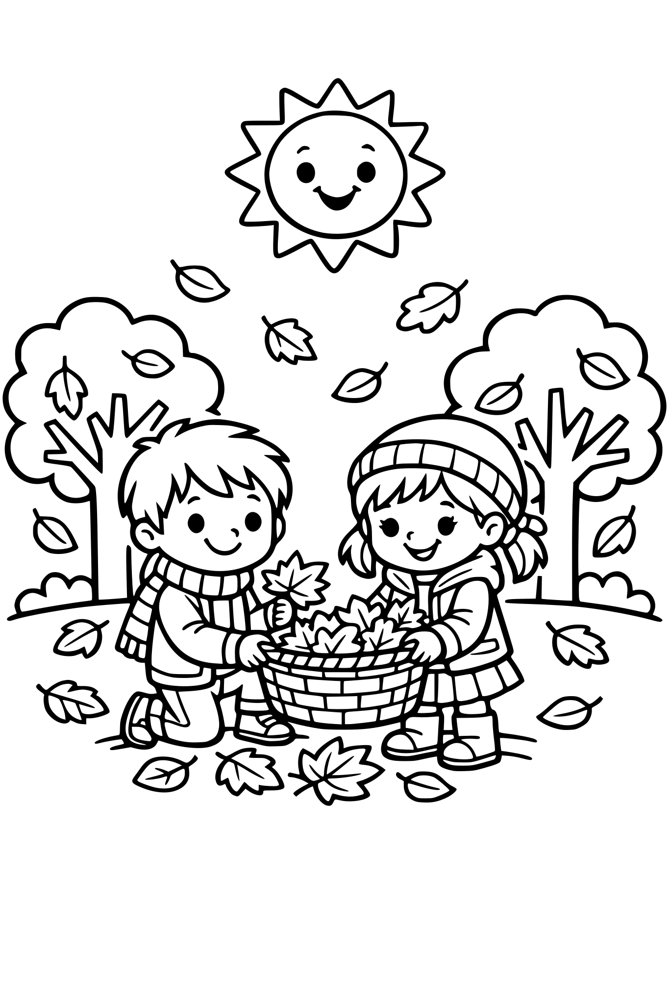 cute kids coloring page, boy and girl collecting colorful autumn leaves in a basket, trees with falling leaves around them, smiling sun above, simple shapes, thick outlines, kids coloring book line art