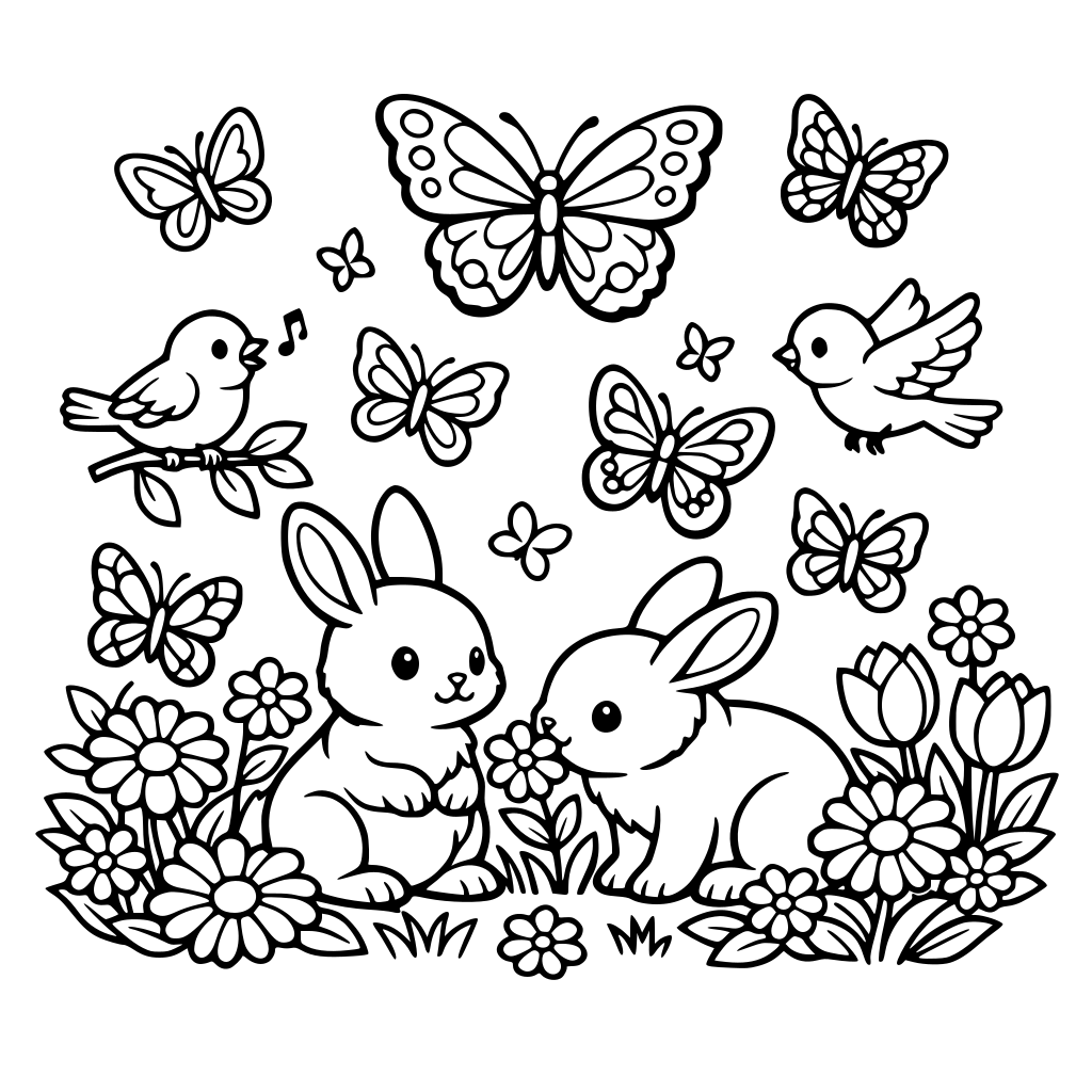 BORBOLETAS EM UM JARDIM COM COELHOS E PASSAROS