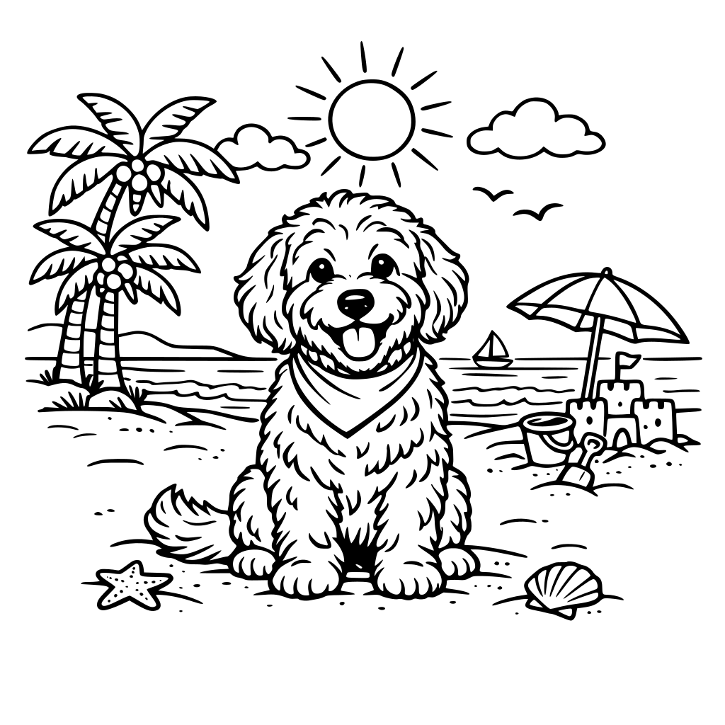 a cute dog thats a golden doodle on the most beautiful beach