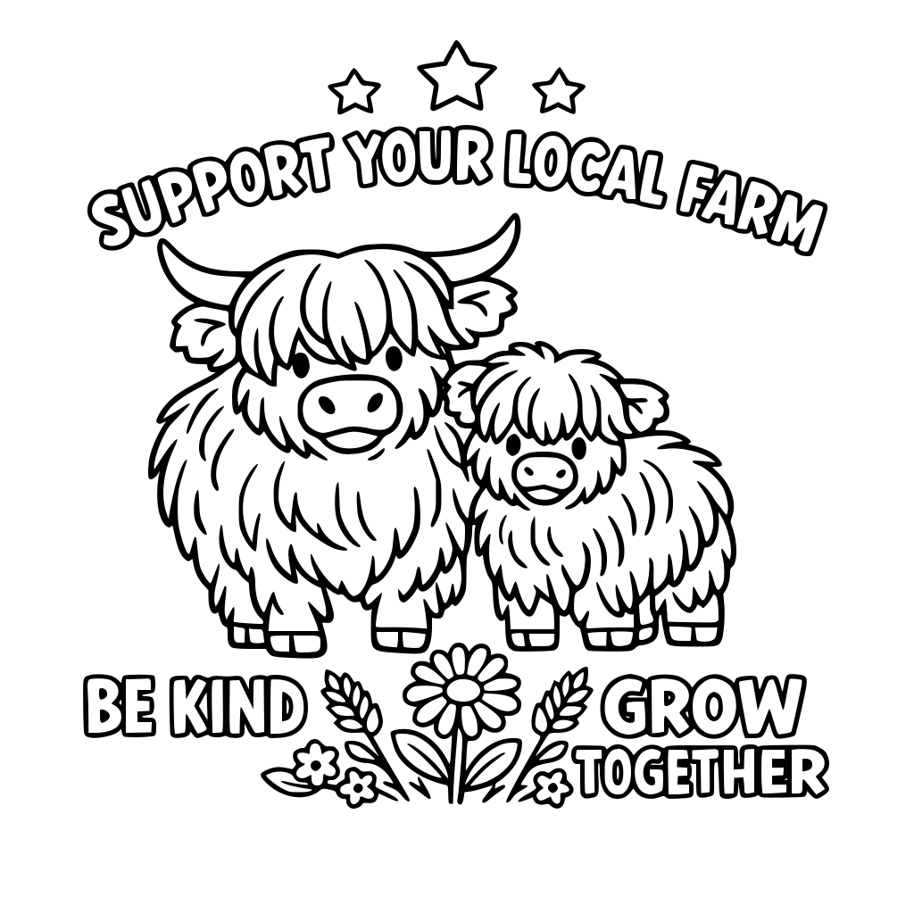 coloring book called 'Country Side Supports Farm' with highland cows, positive sayings throughout the book.