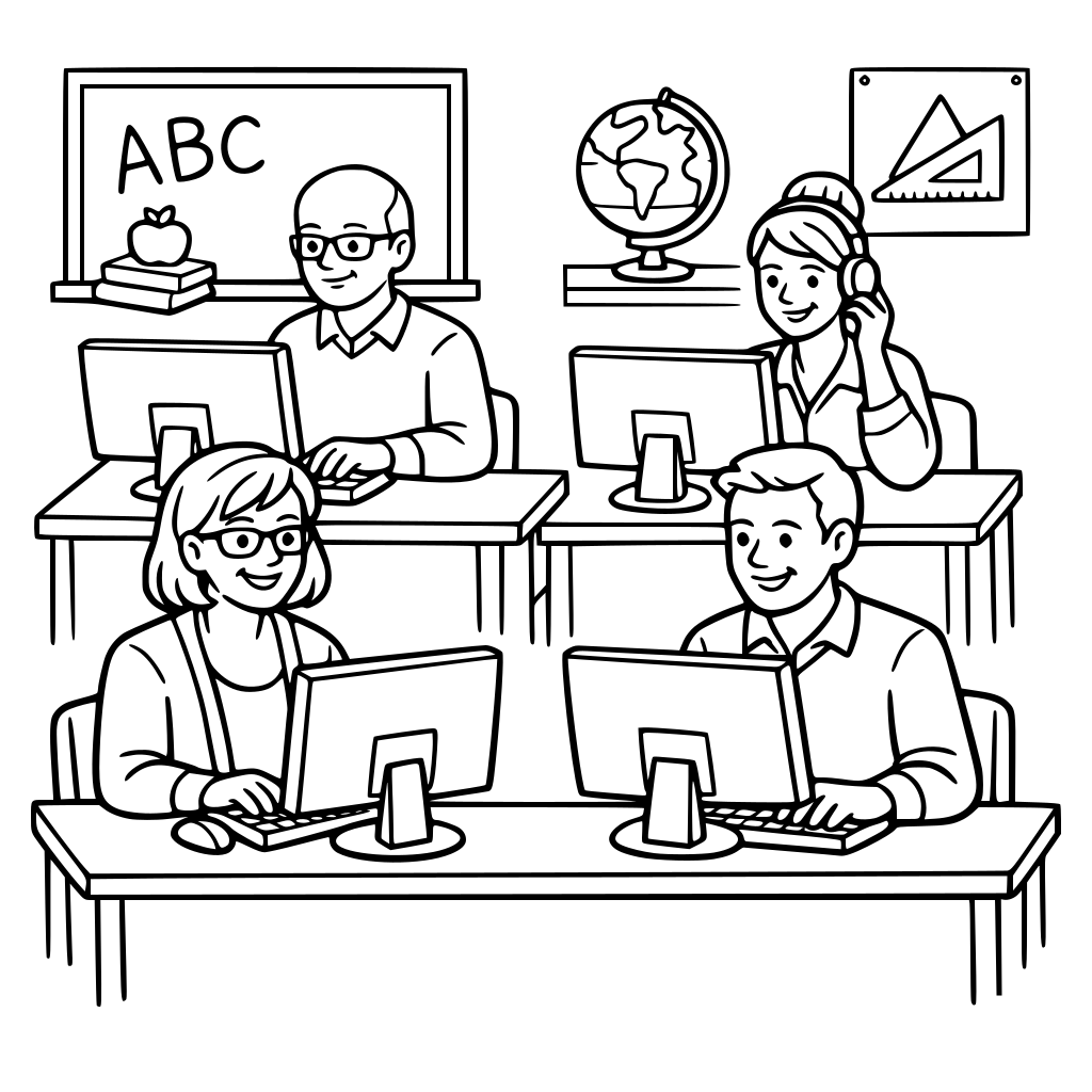 učitelé ve třídě se učí u počítačů