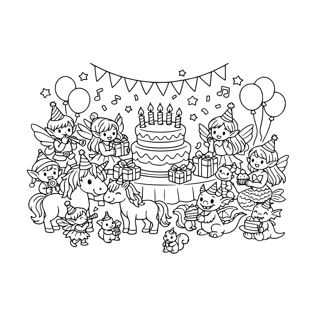 Feen, Elfen, Einhörner und andere magische Wesen feiern eine Geburtstagsparty