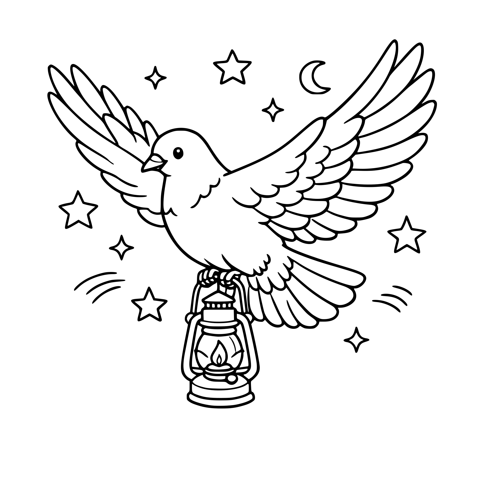 Paloma con una lampara de aceite en sus patas volando