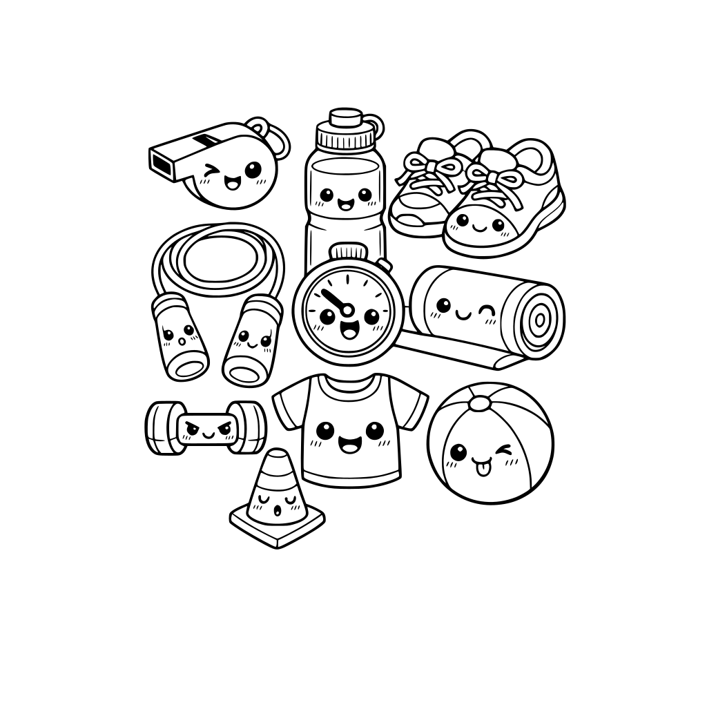 kawaii gym class items. each item has a cute kawaii facial expression. do not repeat items. do not repeat facial expressions.