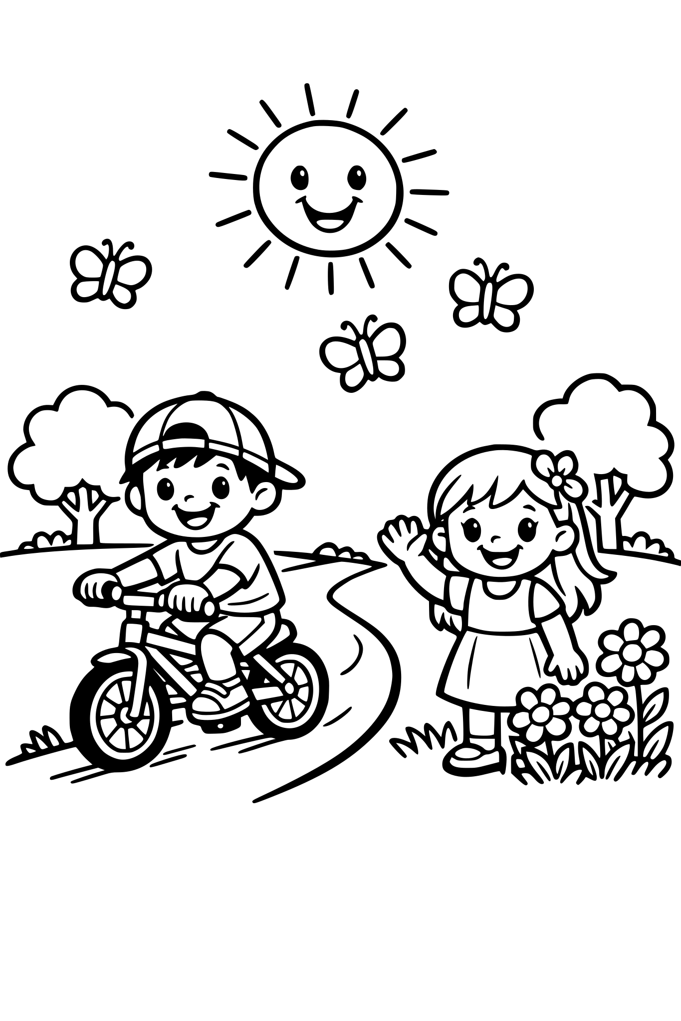 cute kids coloring page, happy boy riding a bicycle down a simple path, girl waving next to flowers and trees, butterflies flying around, smiling sun in the sky, simple shapes, thick bold outlines, black and white coloring page