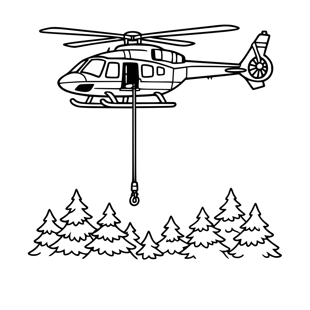 helicopter hovering above trees with a dangling rescue rope.