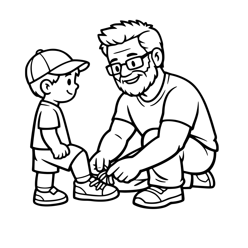 A simple children's coloring book line drawing of a strong, athletic grandpa with salt-and-pepper hair and beard, wearing glasses, kneeling and gently tying a child's shoe. Thick outlines, minimal detail, friendly and wholesome style, perfect for ages 3-6.