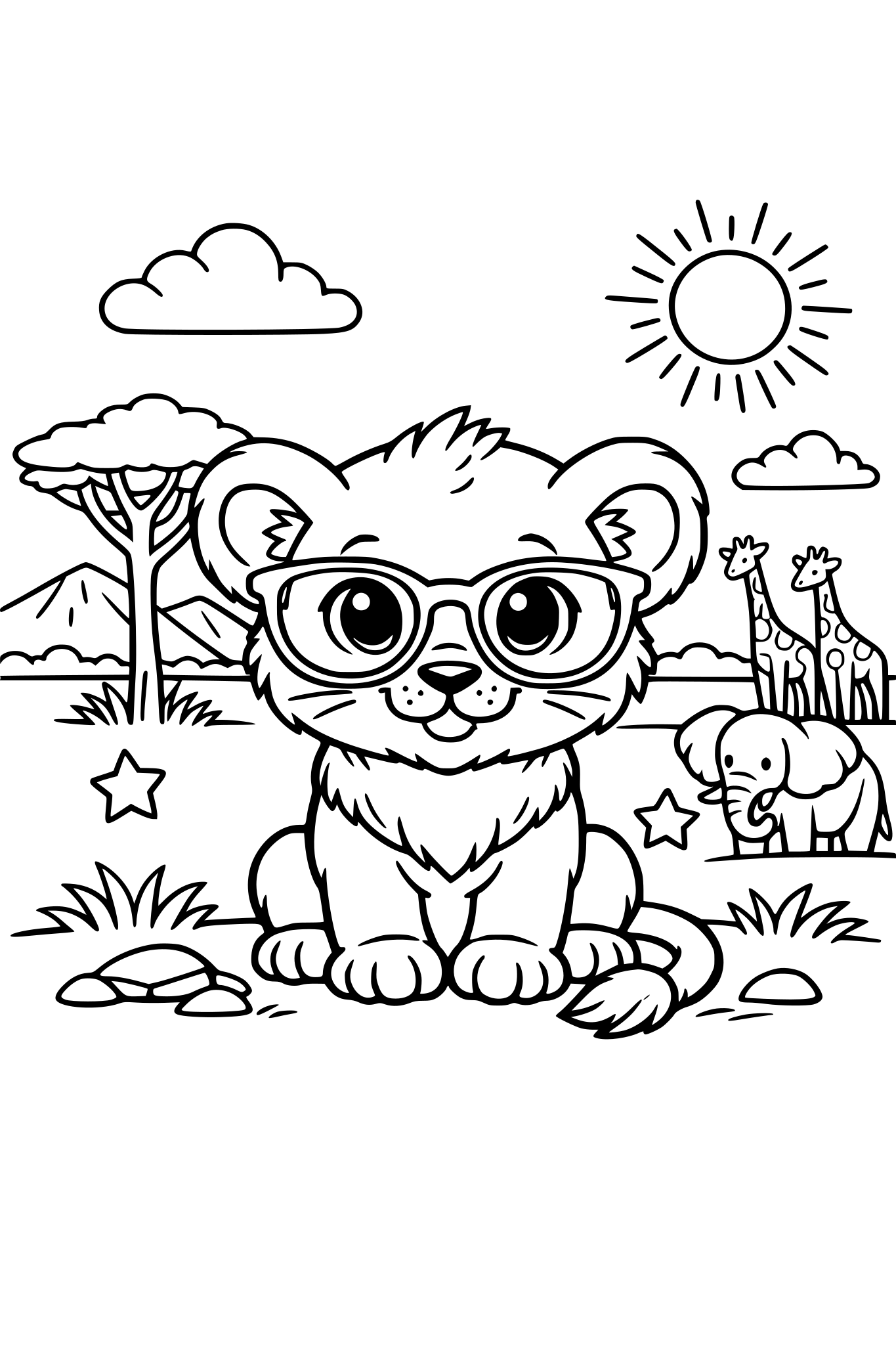 baby lion with glasses, safari landscape in the background