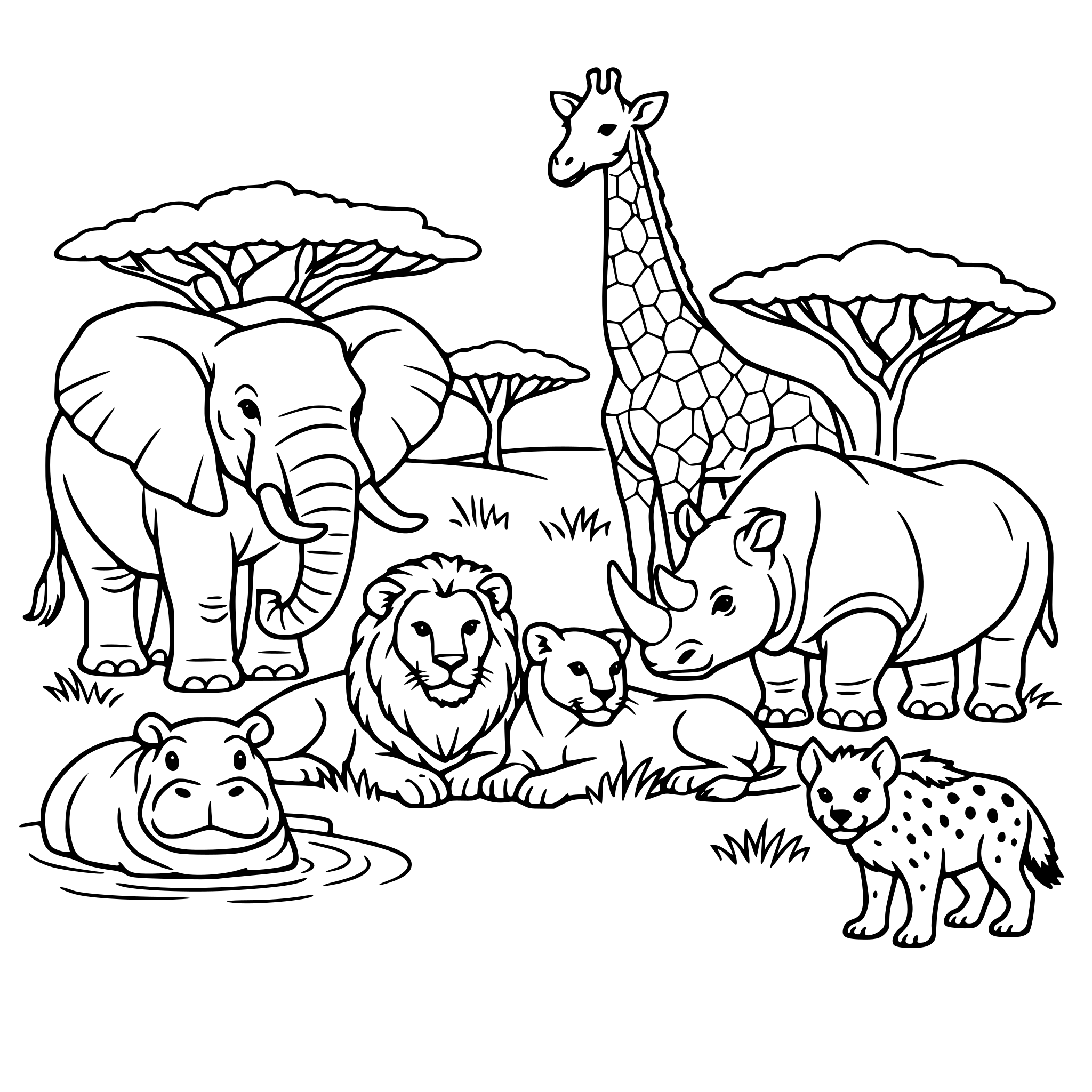 Realistic African Safari with Elephant, Giraffe, Hippo, Lions, Hyena, and Rhino, and also some African Trees