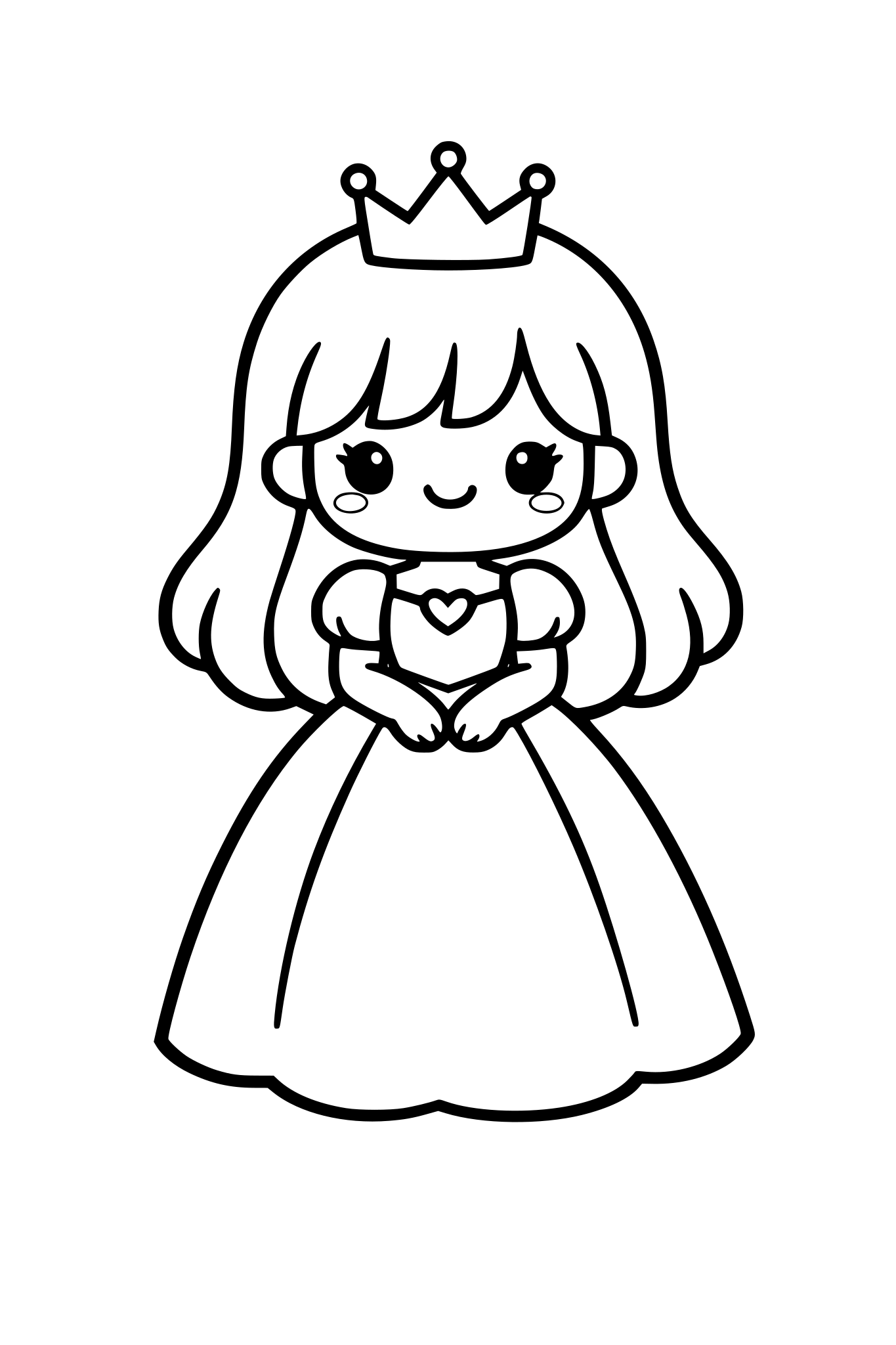 black and white coloring page, kawaii style, thick clean lines, no shading, no grayscale, simple shapes, centered composition, white background, printable, kids coloring book page: cute kawaii princess with long dress and crown, smiling