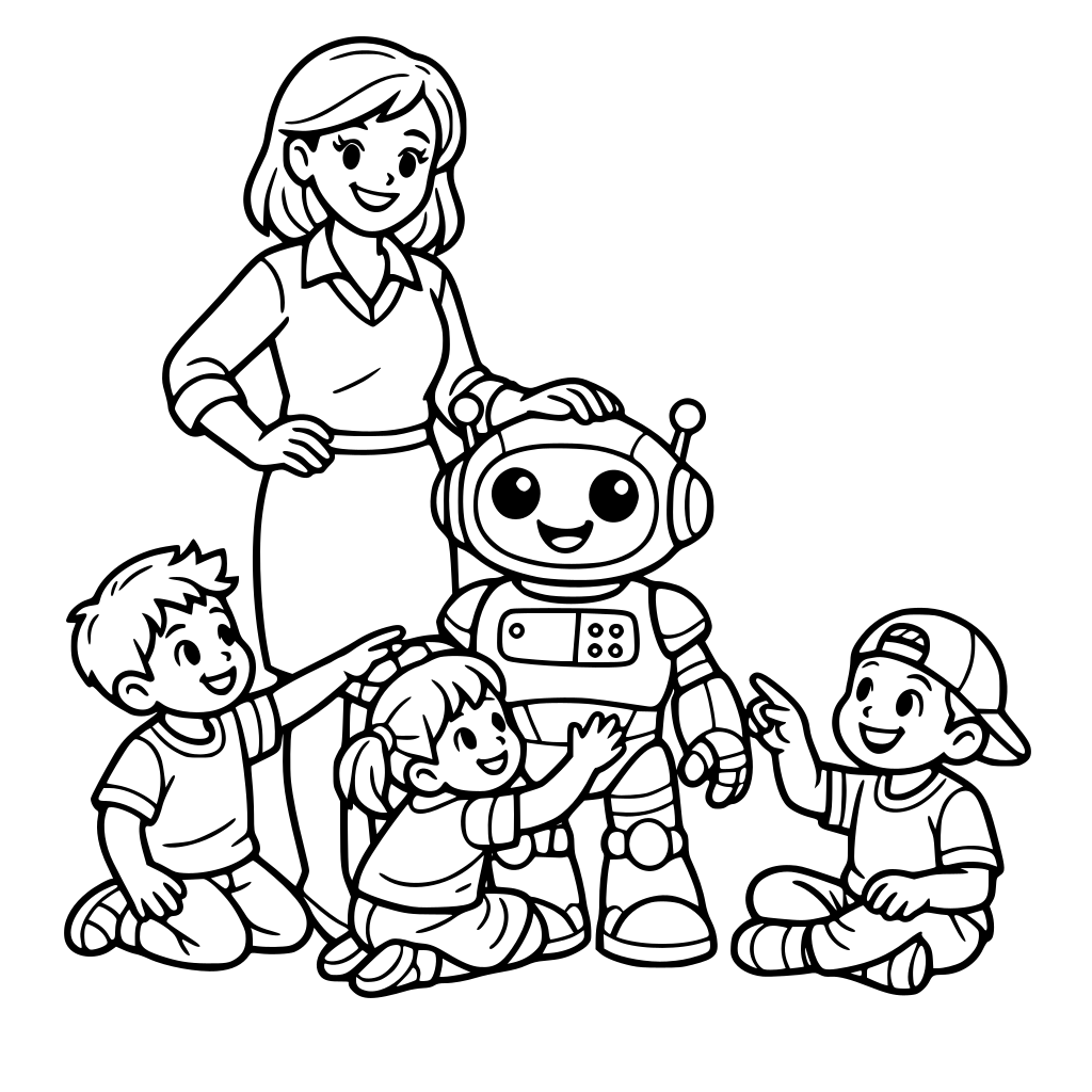 UMA PROFESSORA COM UM ROBOZINHO AMIGAVEL DO LADO DELA E ALUNOS INTERAGINDO COM O ROBO