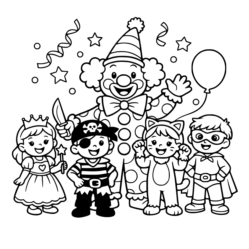 Karneval s klaunem a dětí. V kostymech