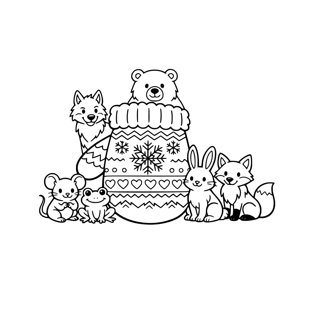 Make me a simple coloring page for children, featuring a mitten (winter, nicely decorated), a mouse, a frog, a rabbit, a fox, a wolf, and a bear in the distance behind them.