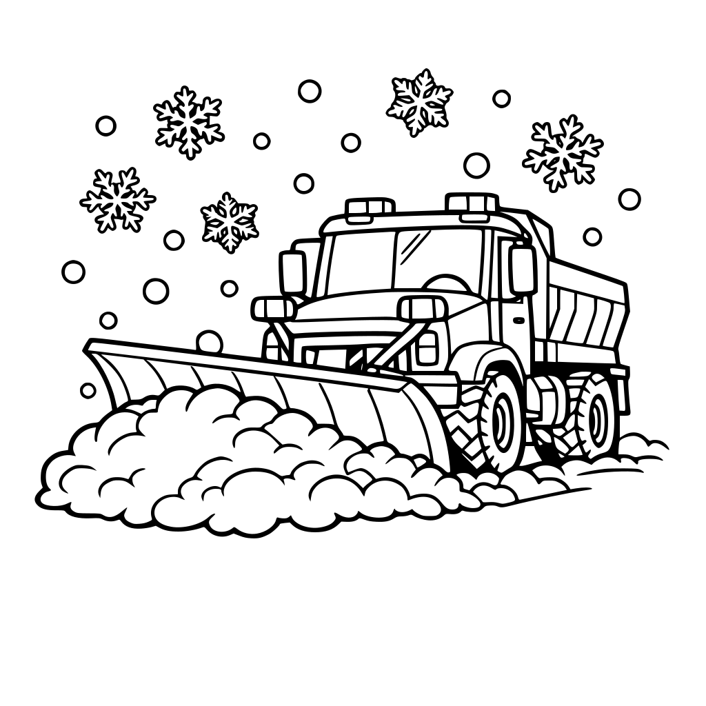 nowplow pushing snow with falling snowflakes around it.