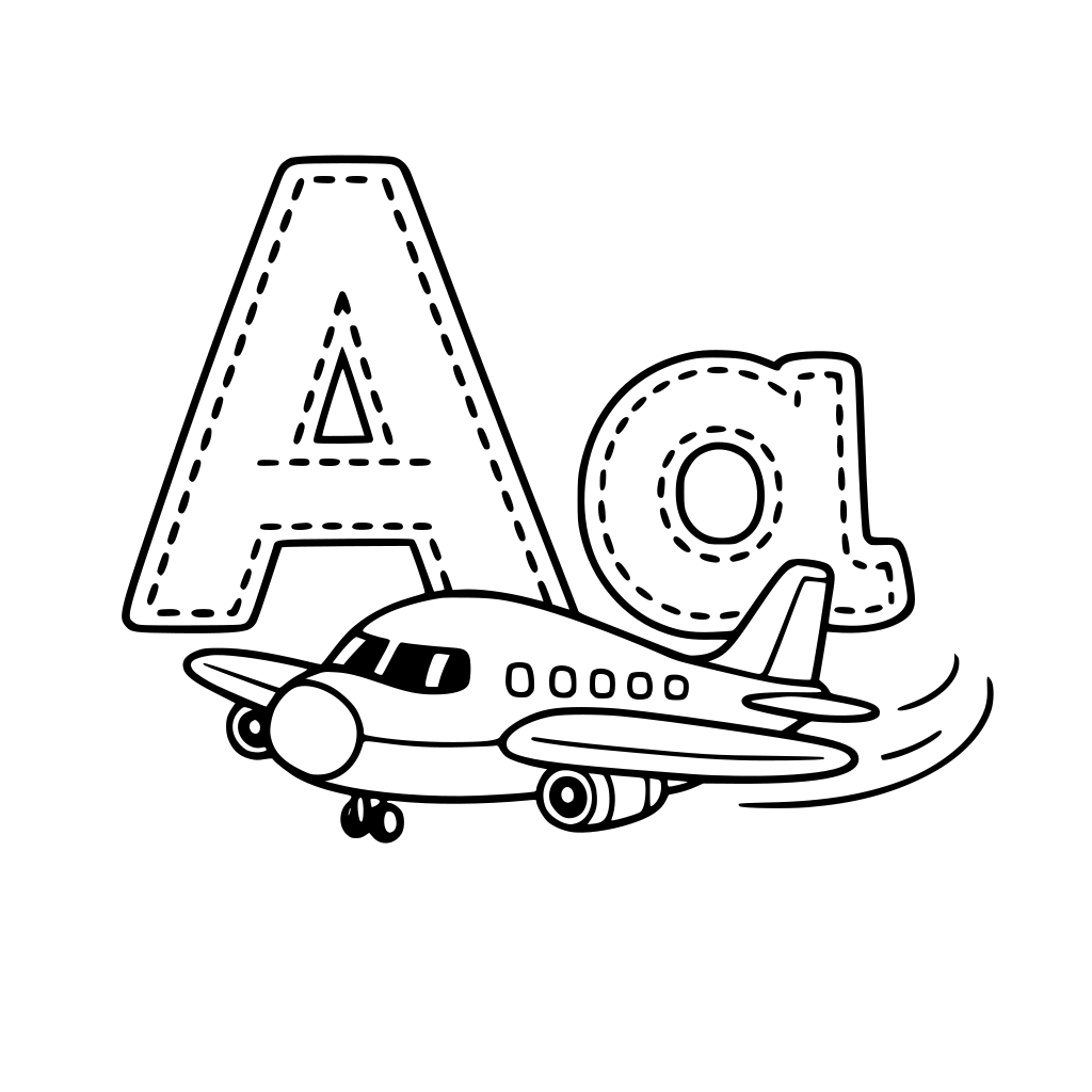 Letra A maiúscula e minúscula forma de mão pontilhados , com o desenho de um avião a frente da letra