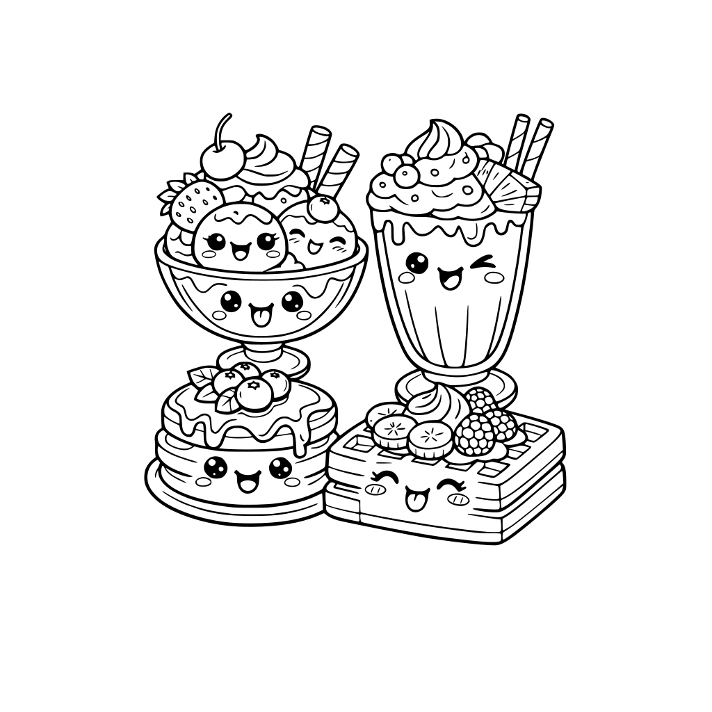 cute kawaii desserts including ice cream sundae, milkshake, pancakes, waffles. each with different fruit toppings. all with cute kawaii facial expressions. do not repeat facial expressions.