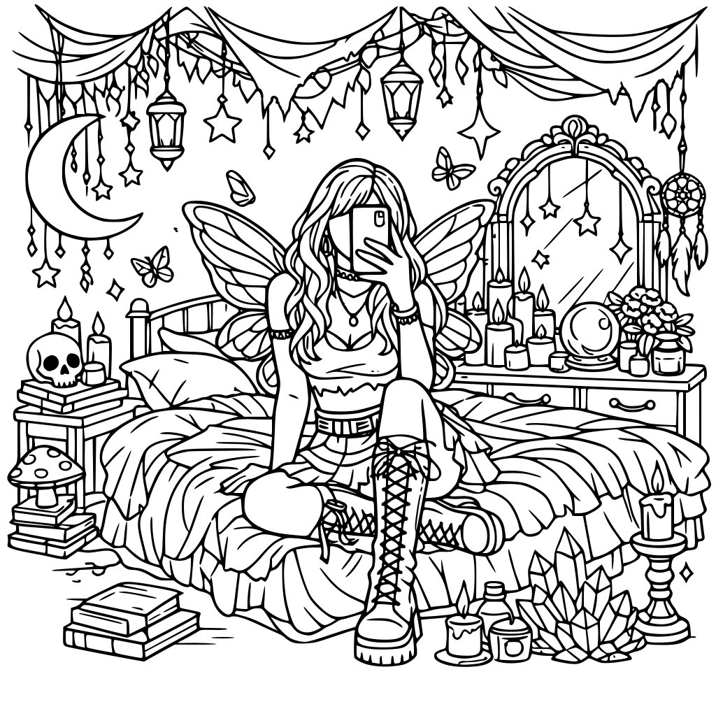 A fairycore grunge selfie aesthetic fantasy master bedroom for girls & women