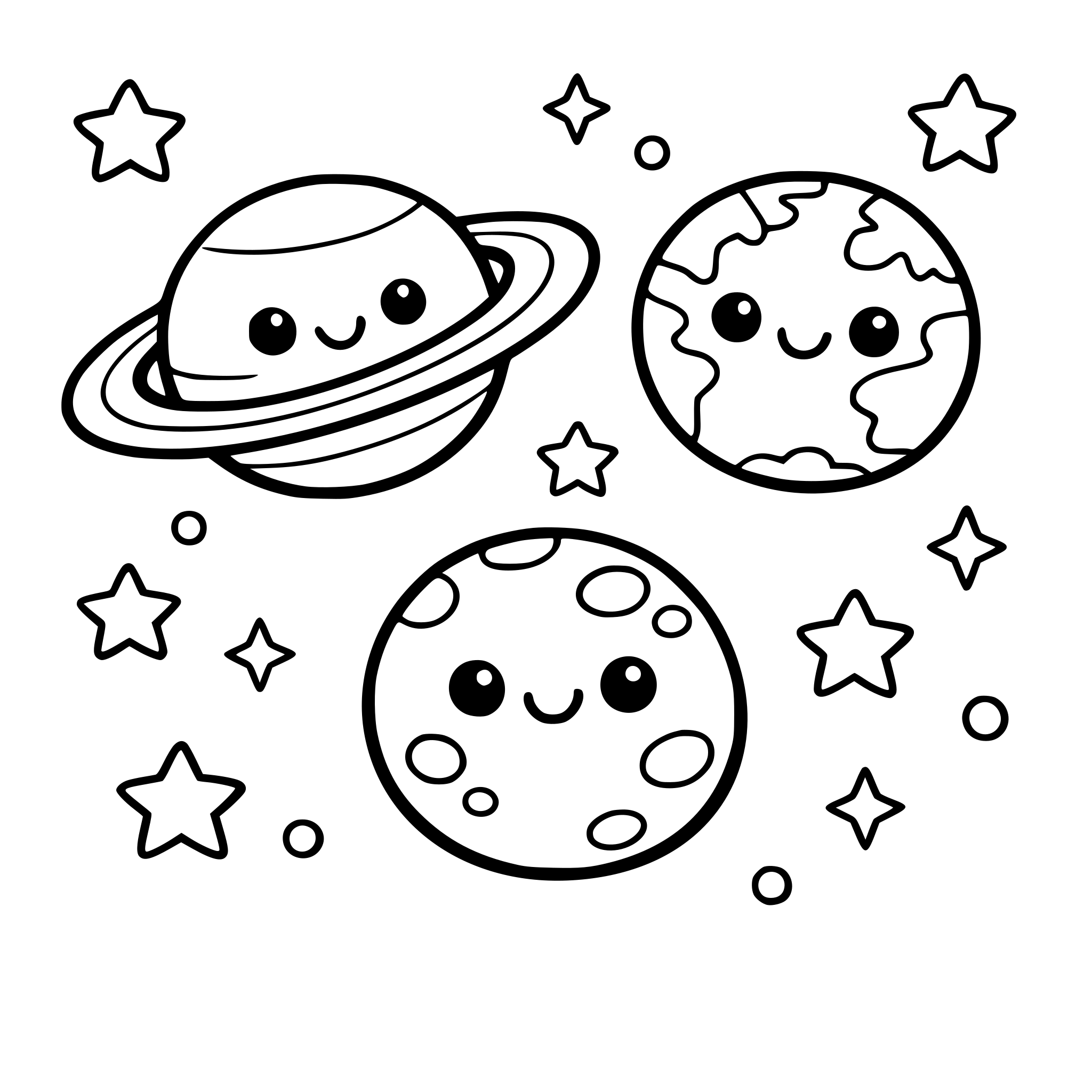 Cartoon planets with smiling faces (Saturn, Earth, Mars), floating in space with stars, simple kawaii style, thick outlines, black and white coloring page for kids
