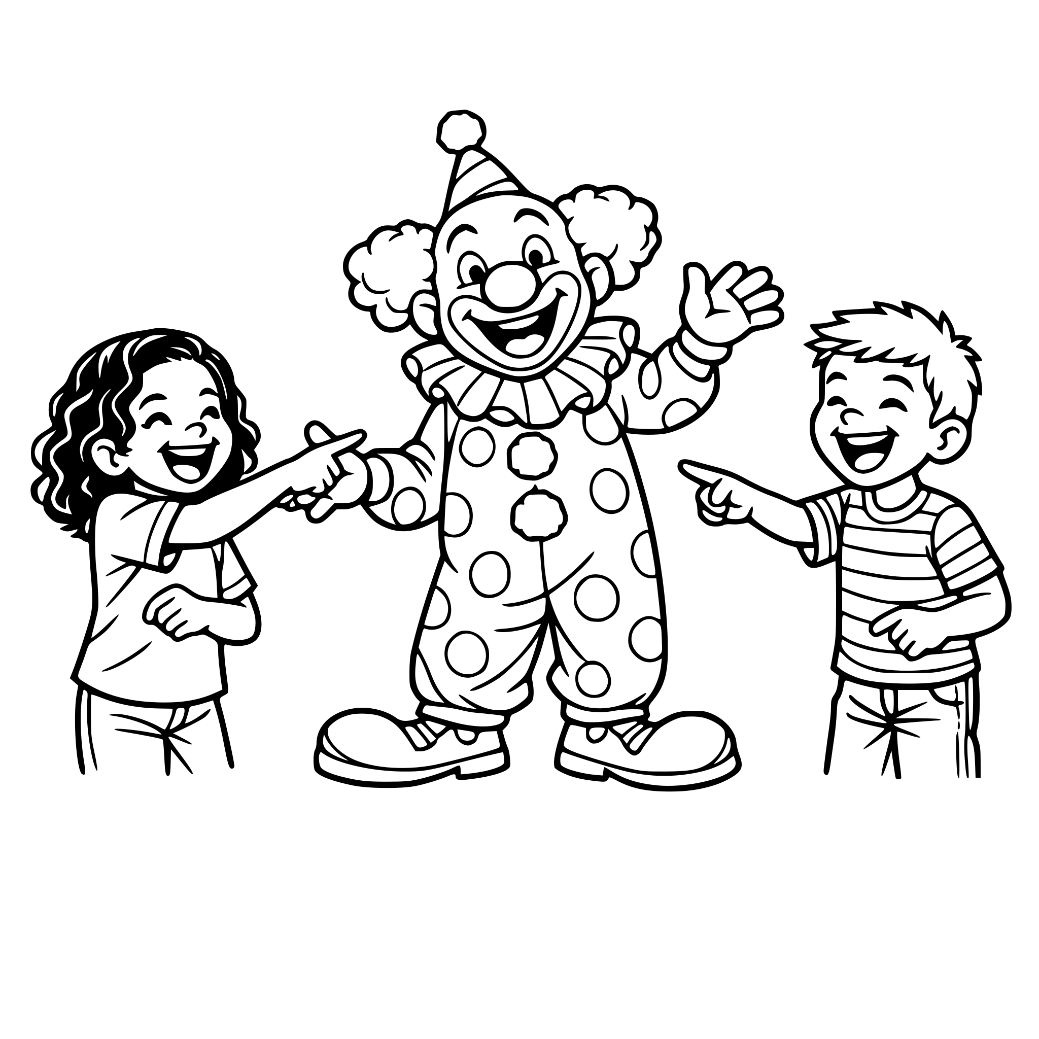 Create an image of a young realistic looking realistic african american girl with wavy hair looking at and pointing at a clown and laughing. A real boy wearing jeans and a striped shirt is pointing at the clown and laughing, too. White background, isolated.