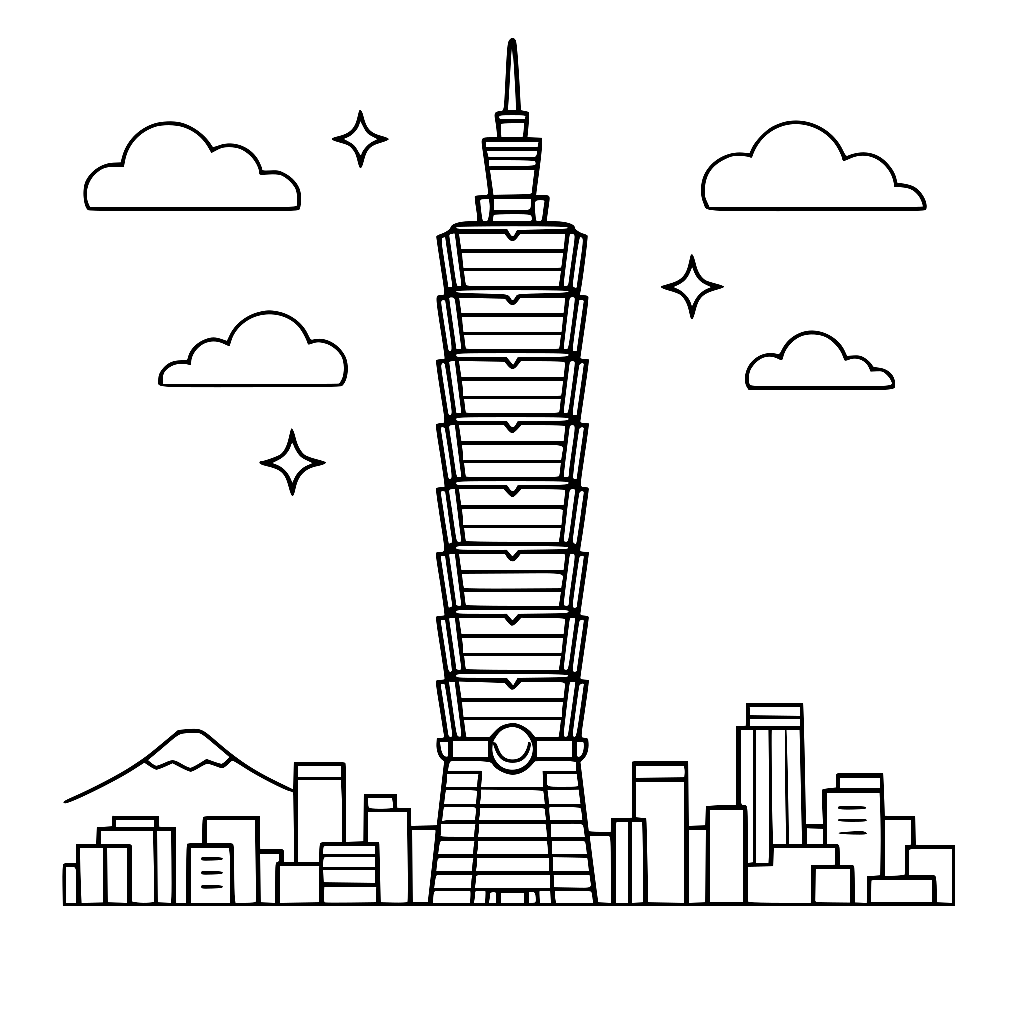 A stunning coloring book page focusing on Taipei 101 skyscraper. The design highlights its unique bamboo-like stacked segments, simple geometric clouds in the sky, and a simplified city skyline below. Bold black line art, pure white background, no shading, high contrast.