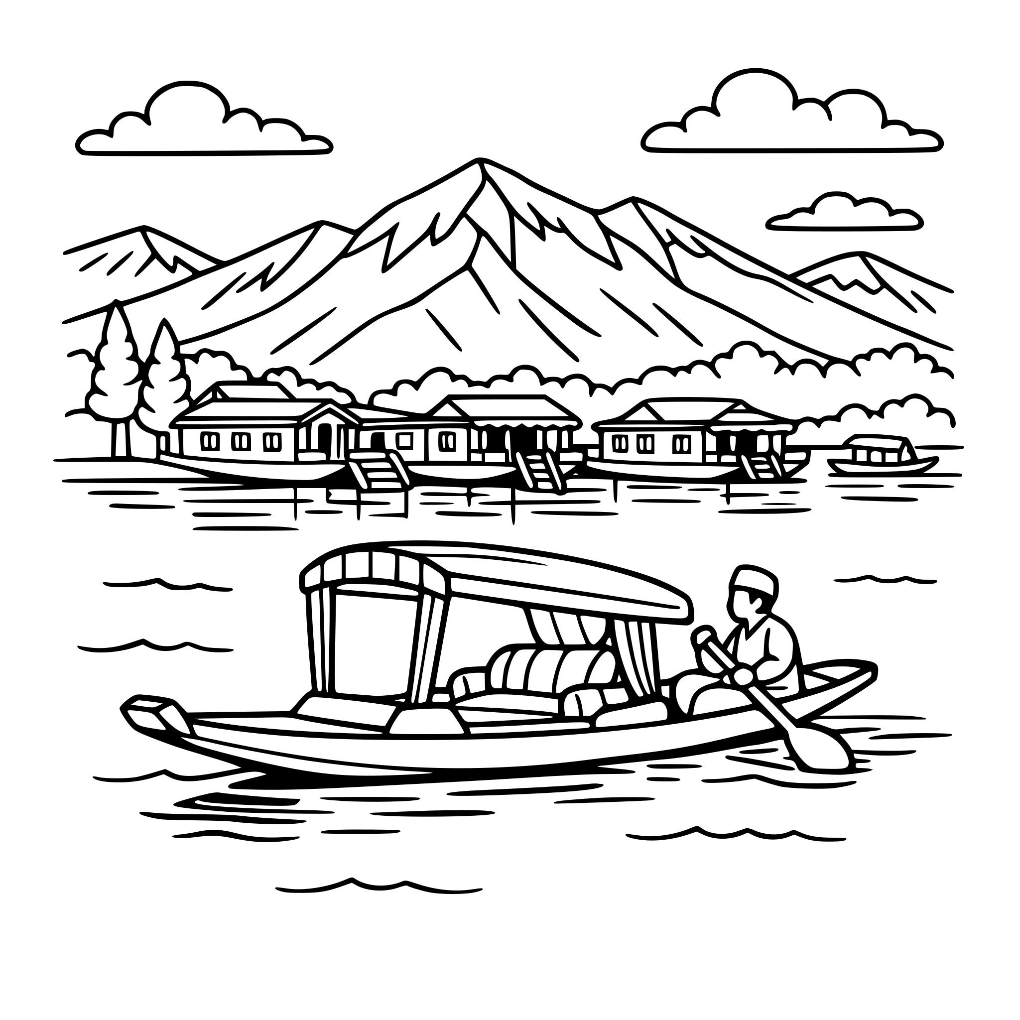 Cute cozy simple Jammu & Kashmir Dal Lake scene with shikara boat, houseboats, and mountains.