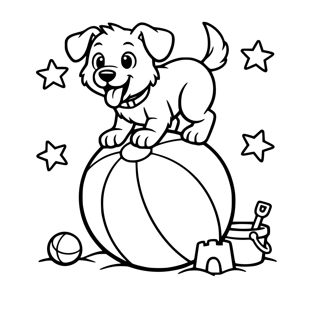 A dog playing with or balancing on a beach ball