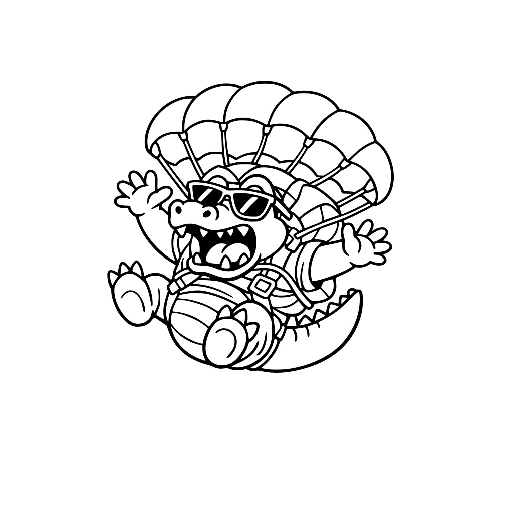 A shocked Crocodile in the air excited with sunglasses. parachute stuck on him and hes falling. super super Simple drawing . big Big Shapes.
