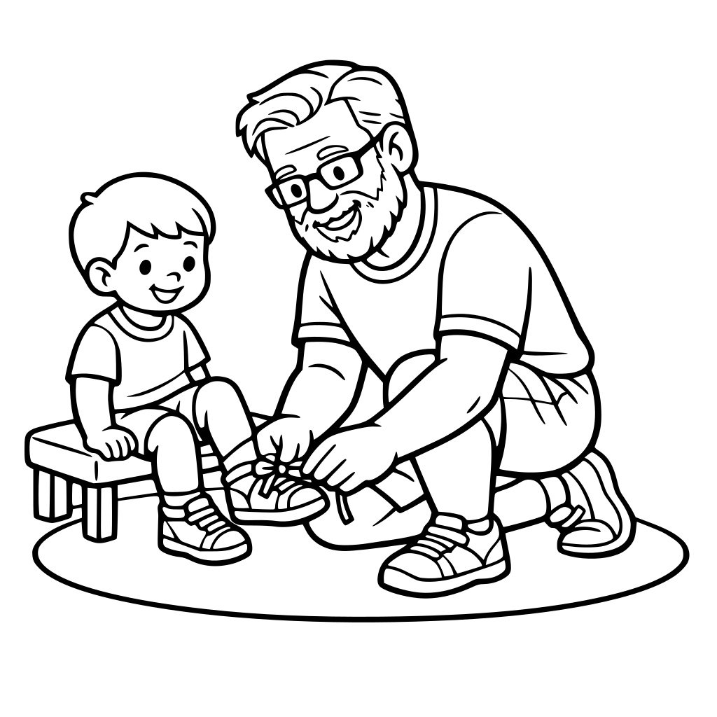 A simple children’s coloring book line drawing of a strong, athletic grandpa with salt‑and‑pepper hair and beard, wearing glasses, kneeling and gently tying a child’s shoe. Thick outlines, minimal detail, small bench and rug as background props, wholesome style for ages 3–6.