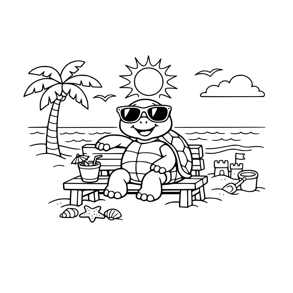 turtle, beach, sunglasses, ocean, bench