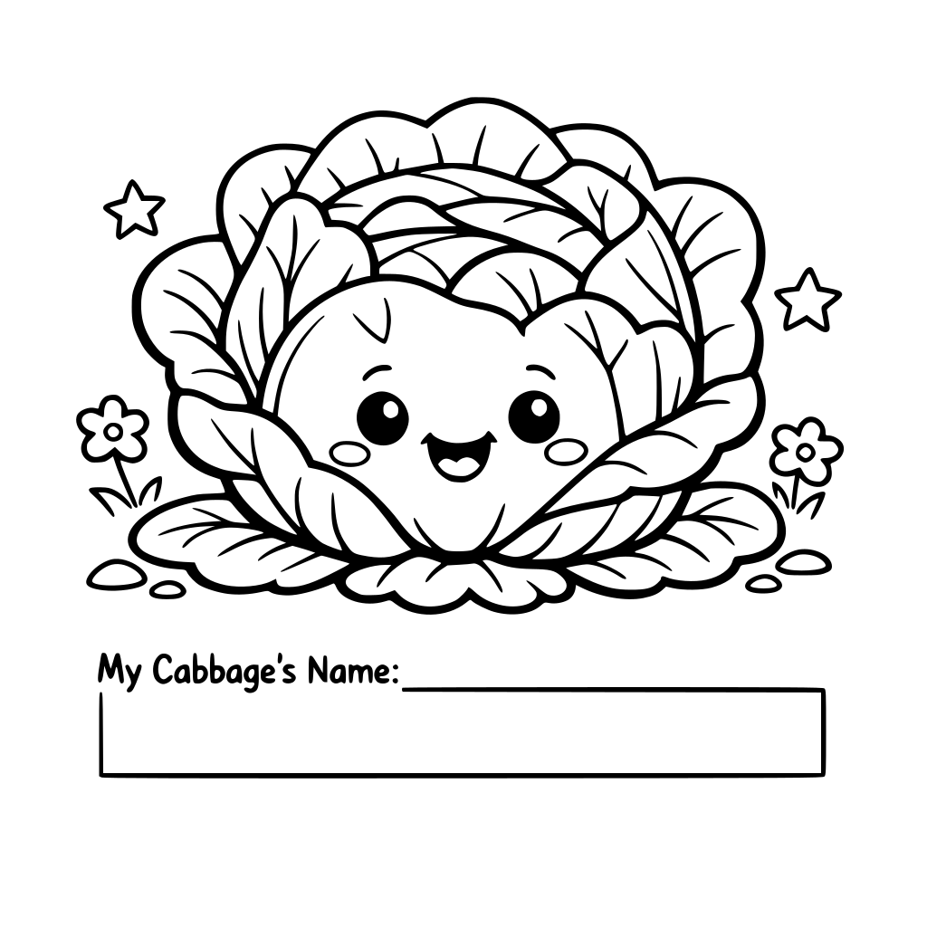 cartoon cabbage plant with a smile. Include a spot to name your plant