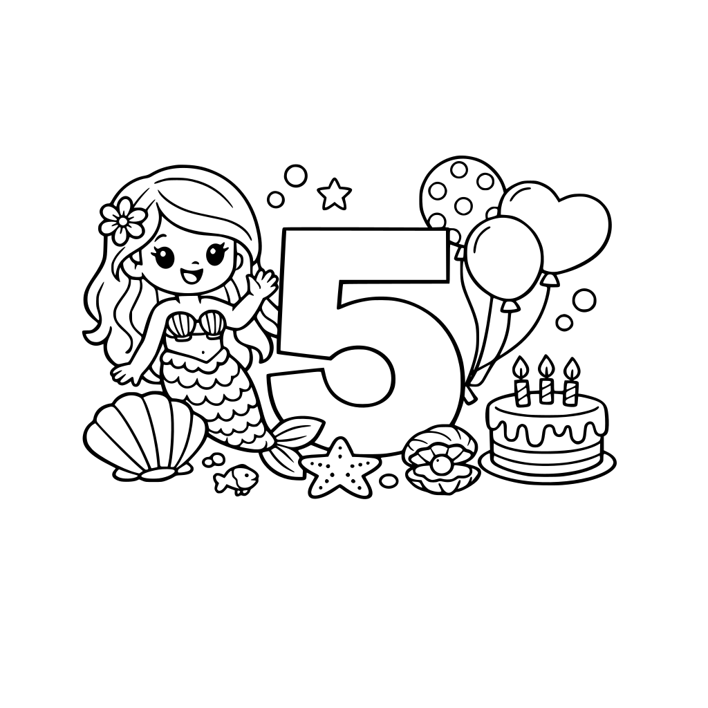 Cute mermaid birthday party with big number 5, balloons, seashells, simple line art, bold outlines, white background
