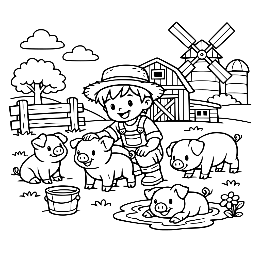 um menino brincando na fazendinha com porquinhos