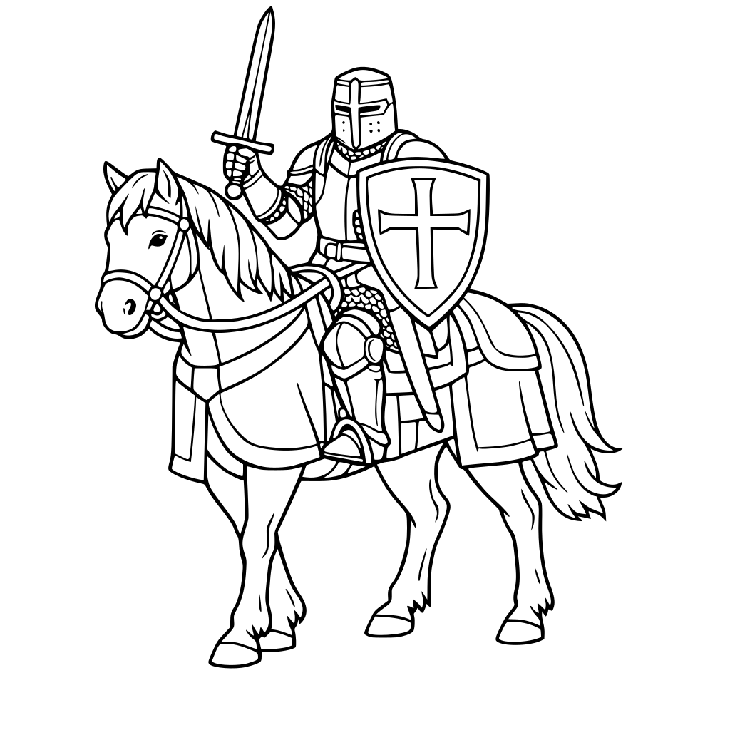 Ein mittelalterlicher Ritter mit Rüstung, Schild und Schwert auf einem Pferd.