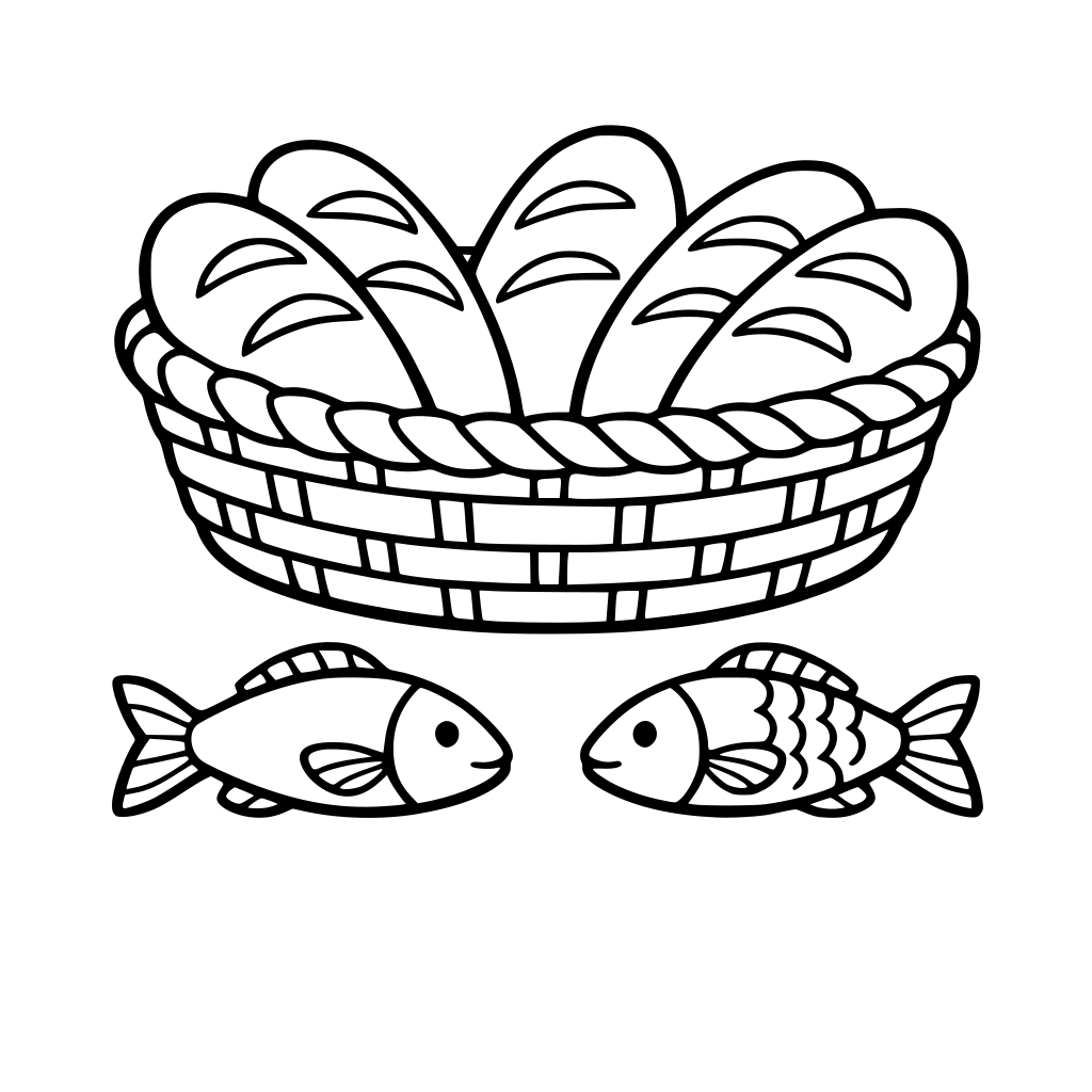 5 loaves in a basket and 2 fish