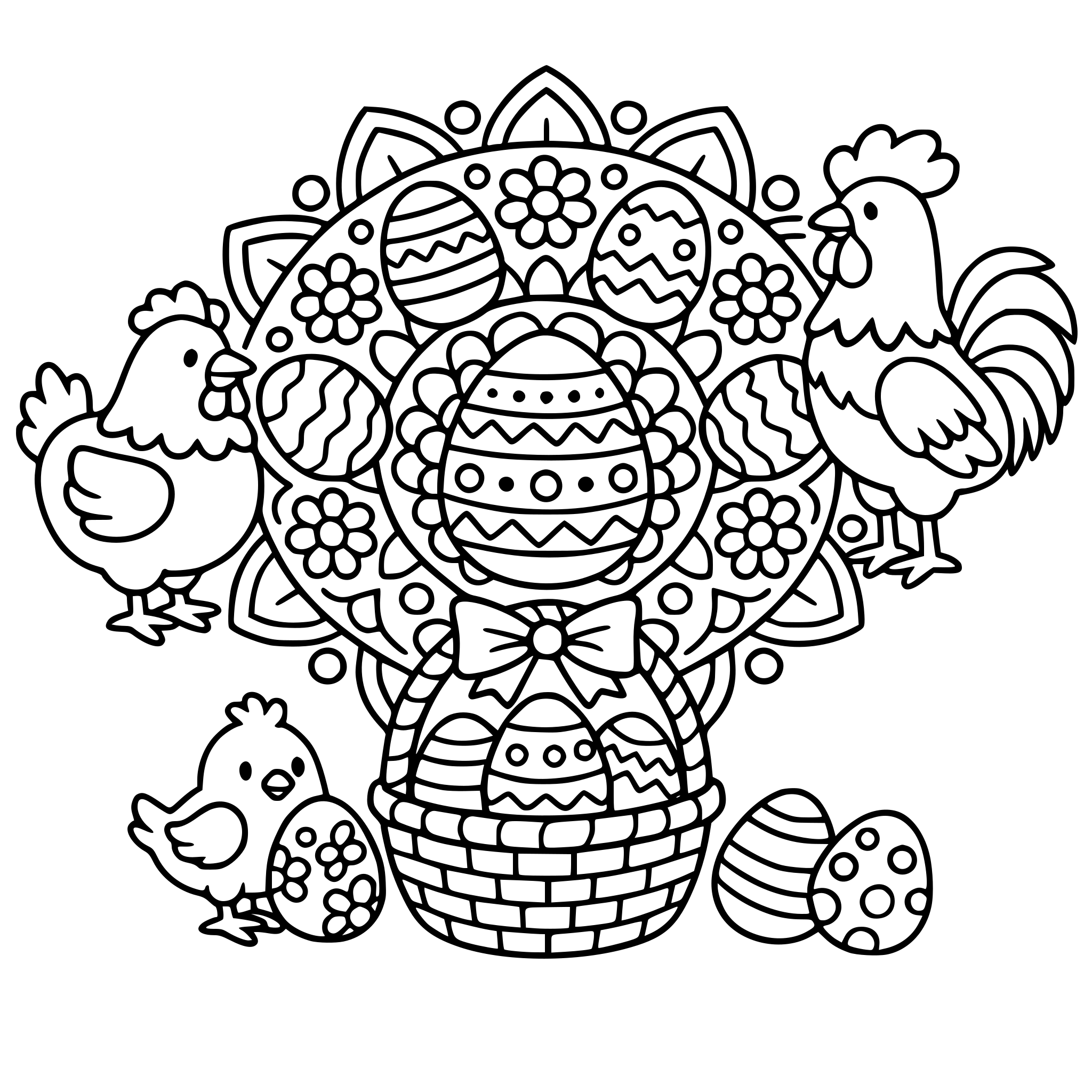 Kleurplaten over Pasen. Eieren, kippen, hanen in een paasthema. Mandala's met paaseieren.