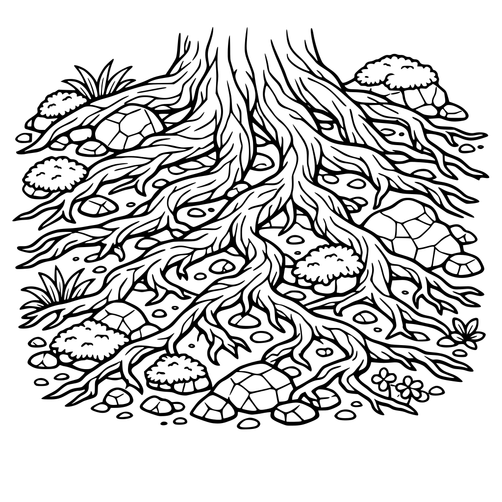 Intertwined tree roots spreading across the page with rocks, moss, tiny plants, and organic soil textures