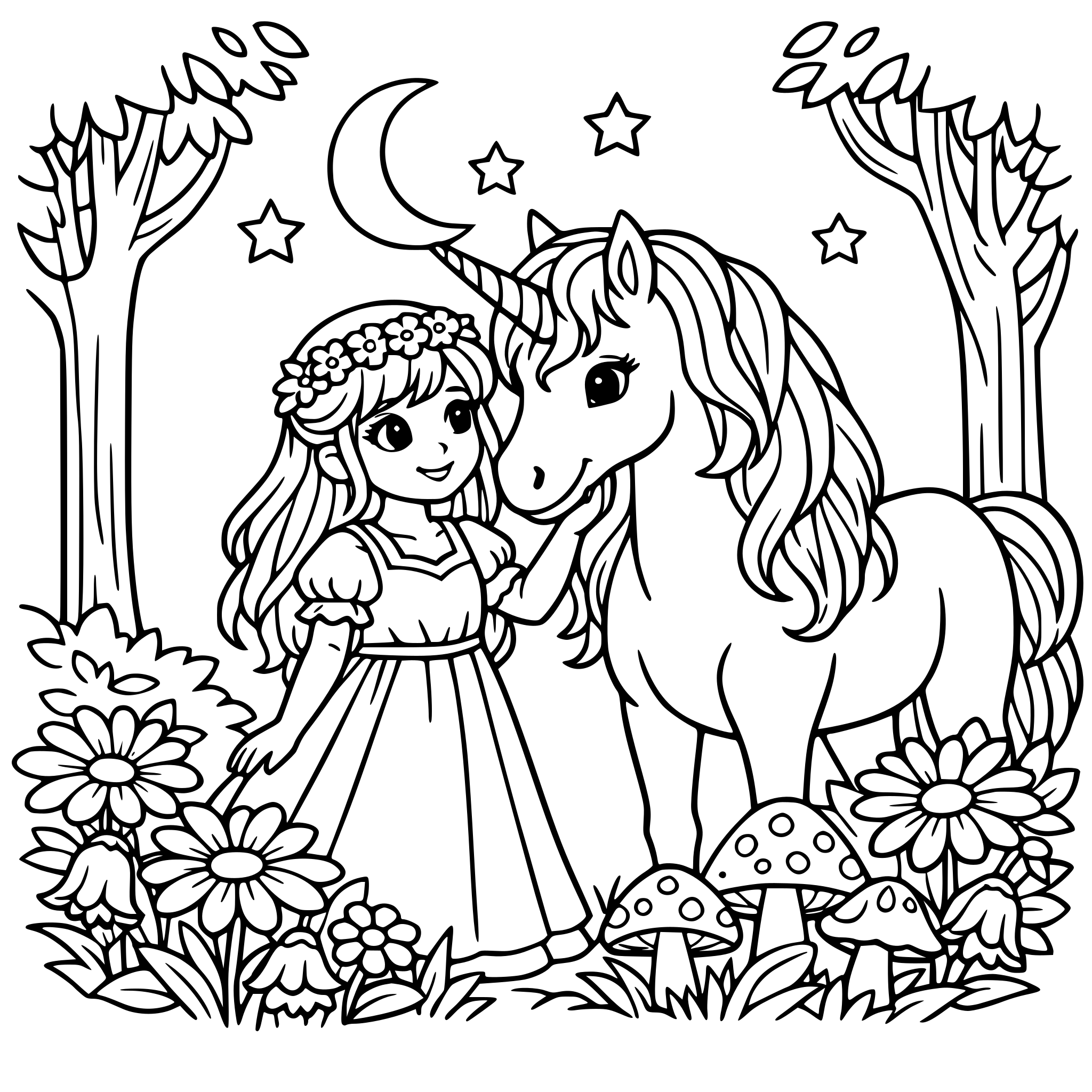 a girl in a woodland and flowers with a unicorn