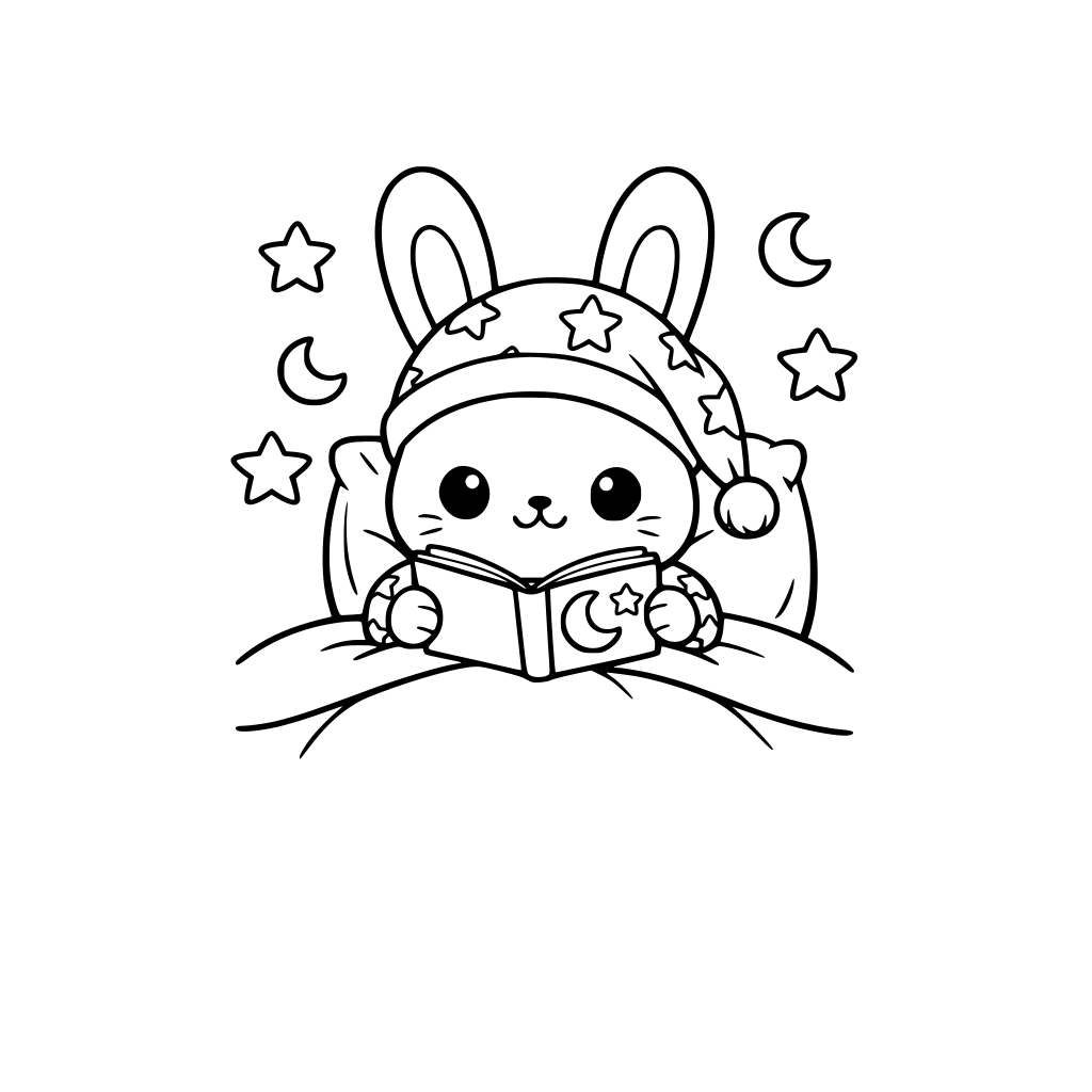 kawaii and cartoon Bunny in pajamas with star patterns, tucked under a blanket with a bedtime story.