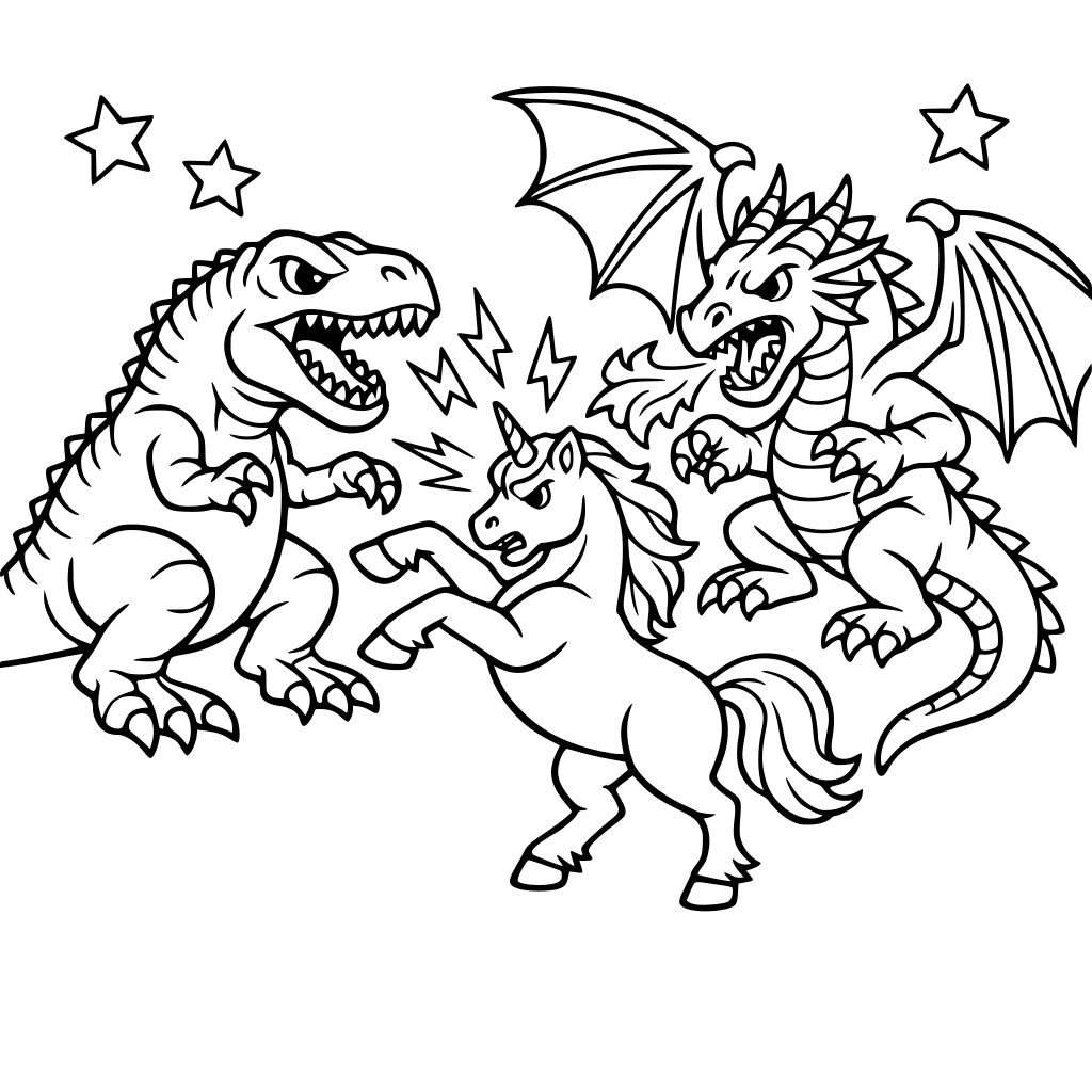dinosaur and dragon fighting a unicorn