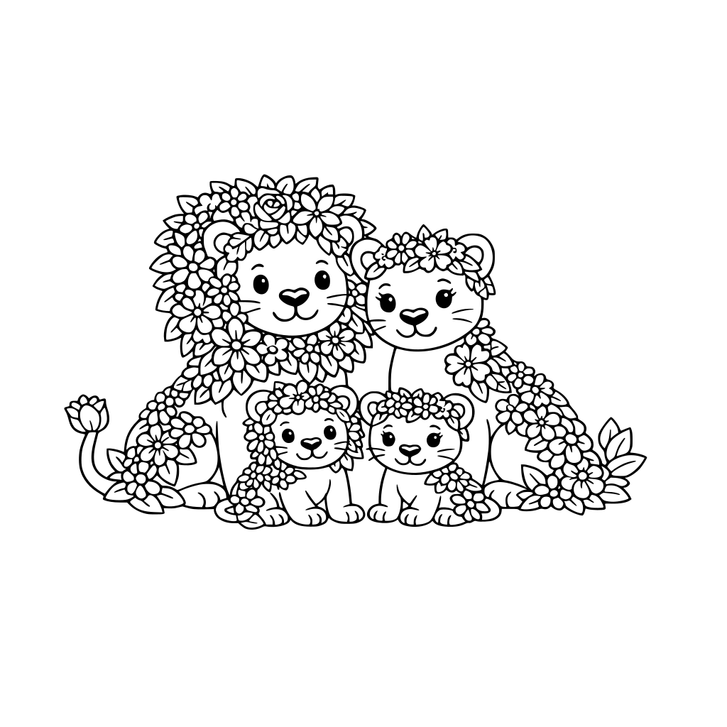 por favor dibuja una familia de leones hecho de bonitas flores